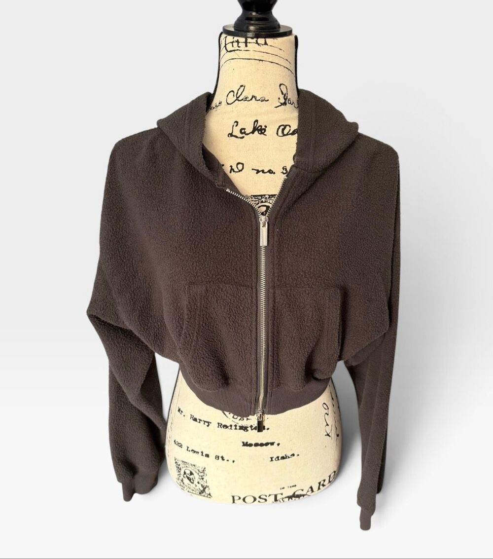 PacSun Gray Cropped Sherpa Fleece Hoodie Zip Up Jacket S Pockets